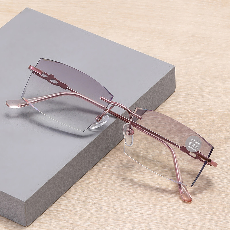 New Eyeglasses Presbyopia Tinted Lens Women Corrective Eyeglasses Flexible Titanium Rimless Eyeglasses Frames Reading Glasses