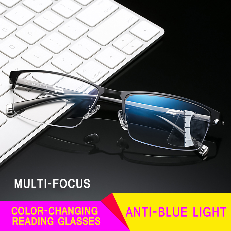 Anti Blue Light Half Frame Photochromic Transition Multifocal Progressive Ajustable Lens Reading Glasses