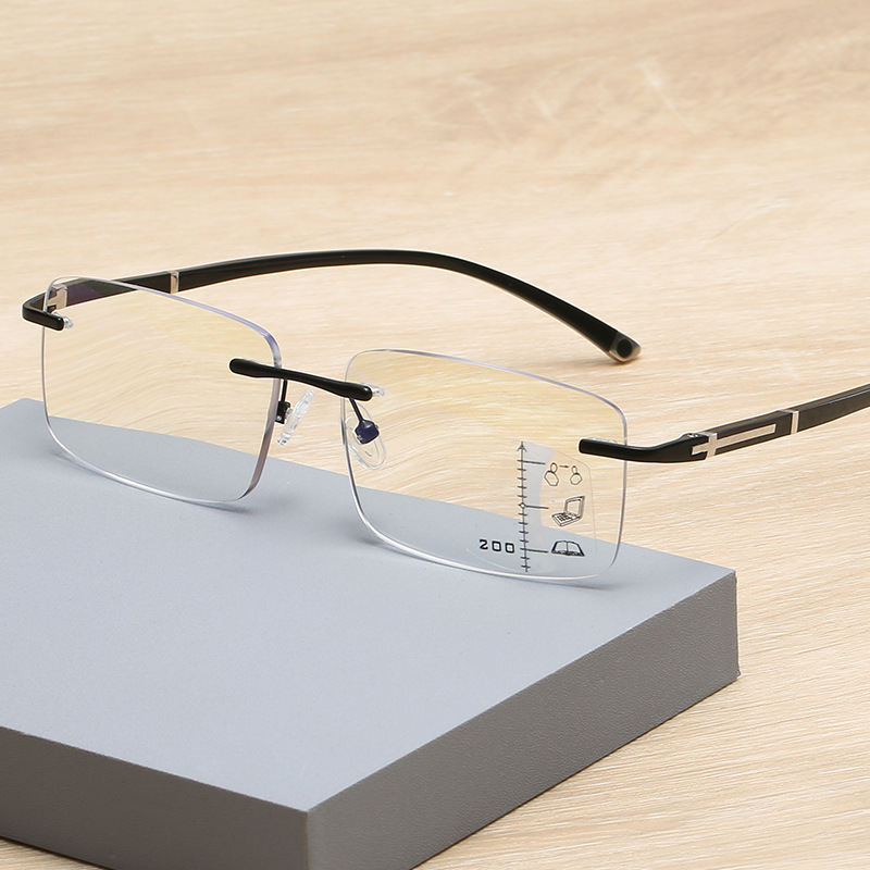 Rimless Men Automatic Zoom Progressive Multifocal Presbyopia Eyeglasses Photochromic Anti Blue Light Reading Glasses