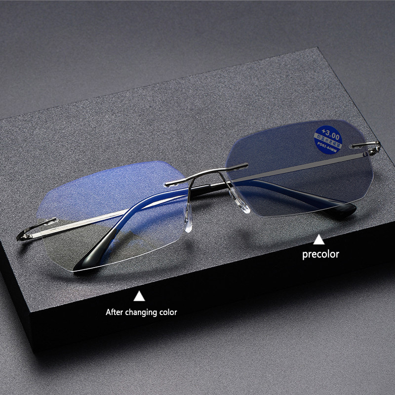 Photochromic Blue Light Blocking Reading Glasses for Men Women Stylish Rimless Metal Frame Readers with Comfort Metal Hinges Anti Glare UV Filter Eyeglasses
